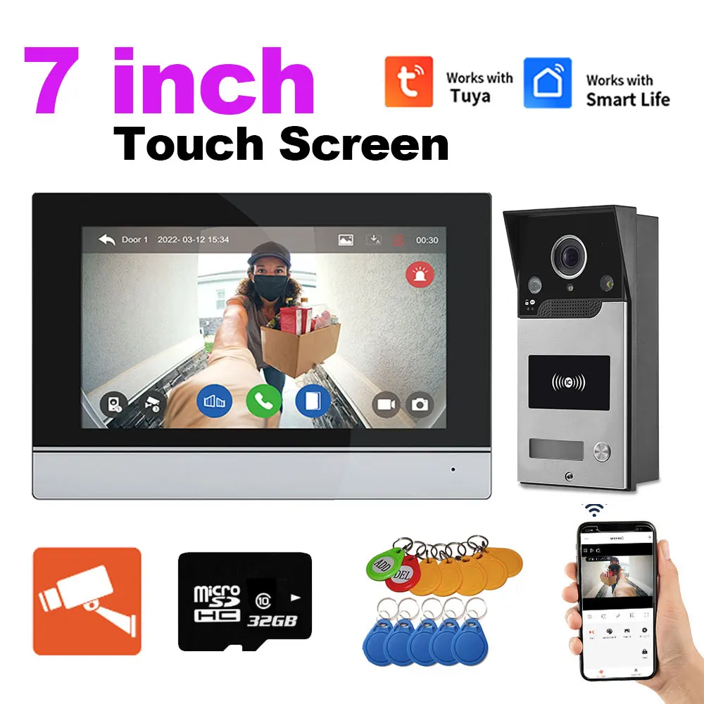 New Wifi Tuya 7 Inch Touch Screen Video Intercom Family HD Video DoorPhone APP Unlock Outdoor Doorbell Waterproof Camera Systerm