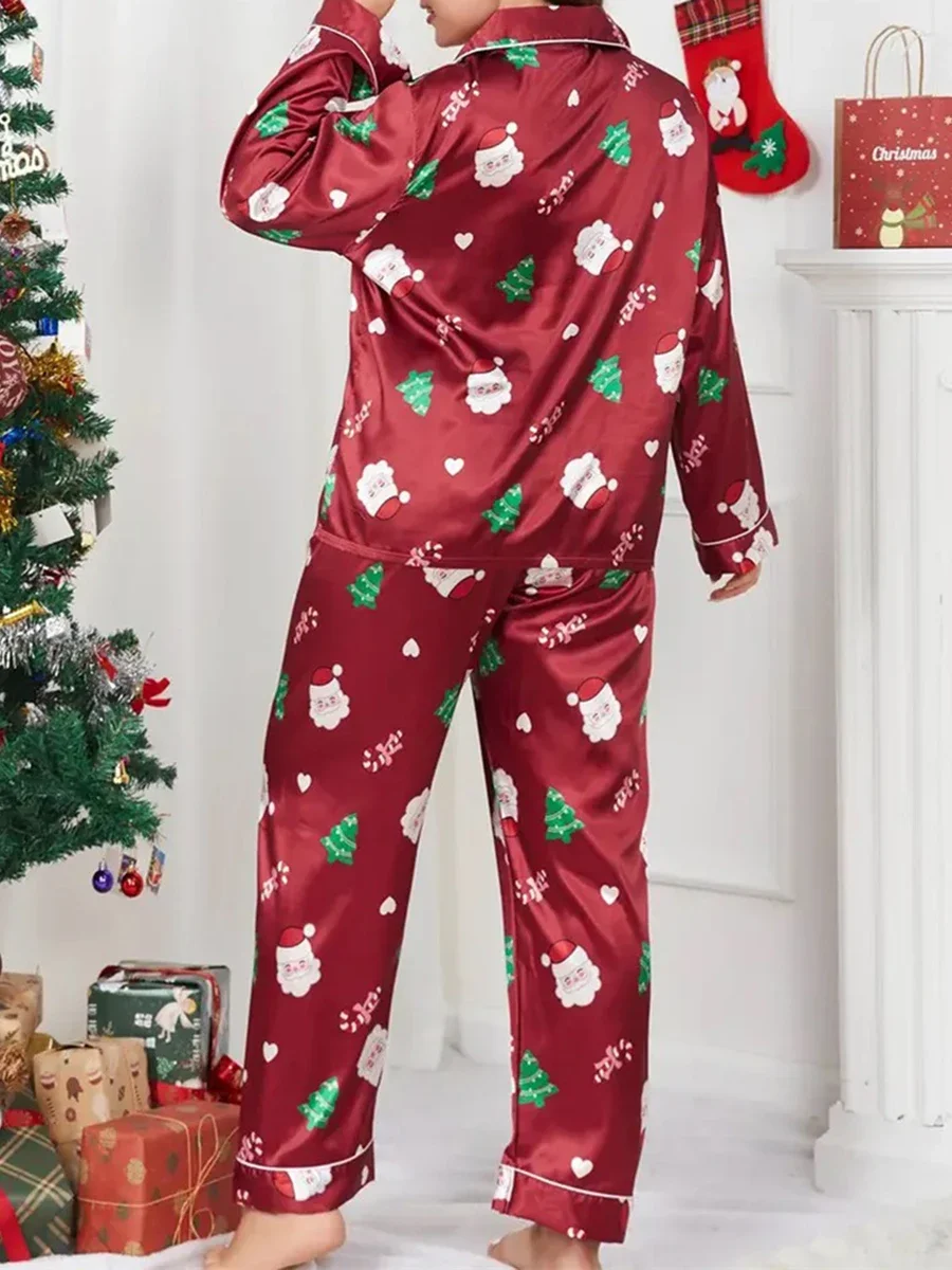 2025 New Years Women\'s Christmas Pajamas Set Snowman Santa Print Long Sleeve Lapel Button Tops with Long Pants Satin Loungewear