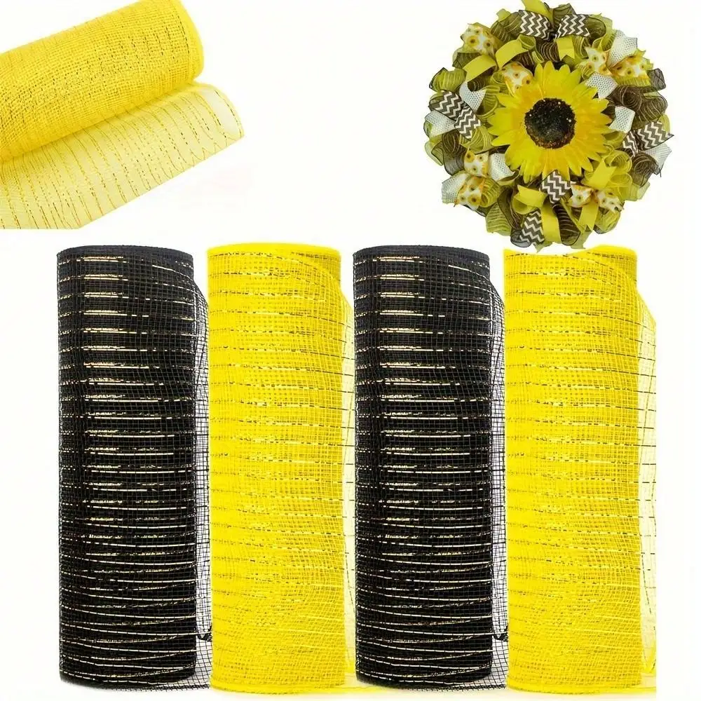 4 Rolls Black And Yellow Metallic Mesh Ribbon, 10 Inch X 30 Feet(10Yard) Each Roll,Black And Yellow Ribbon For Wreath Swags