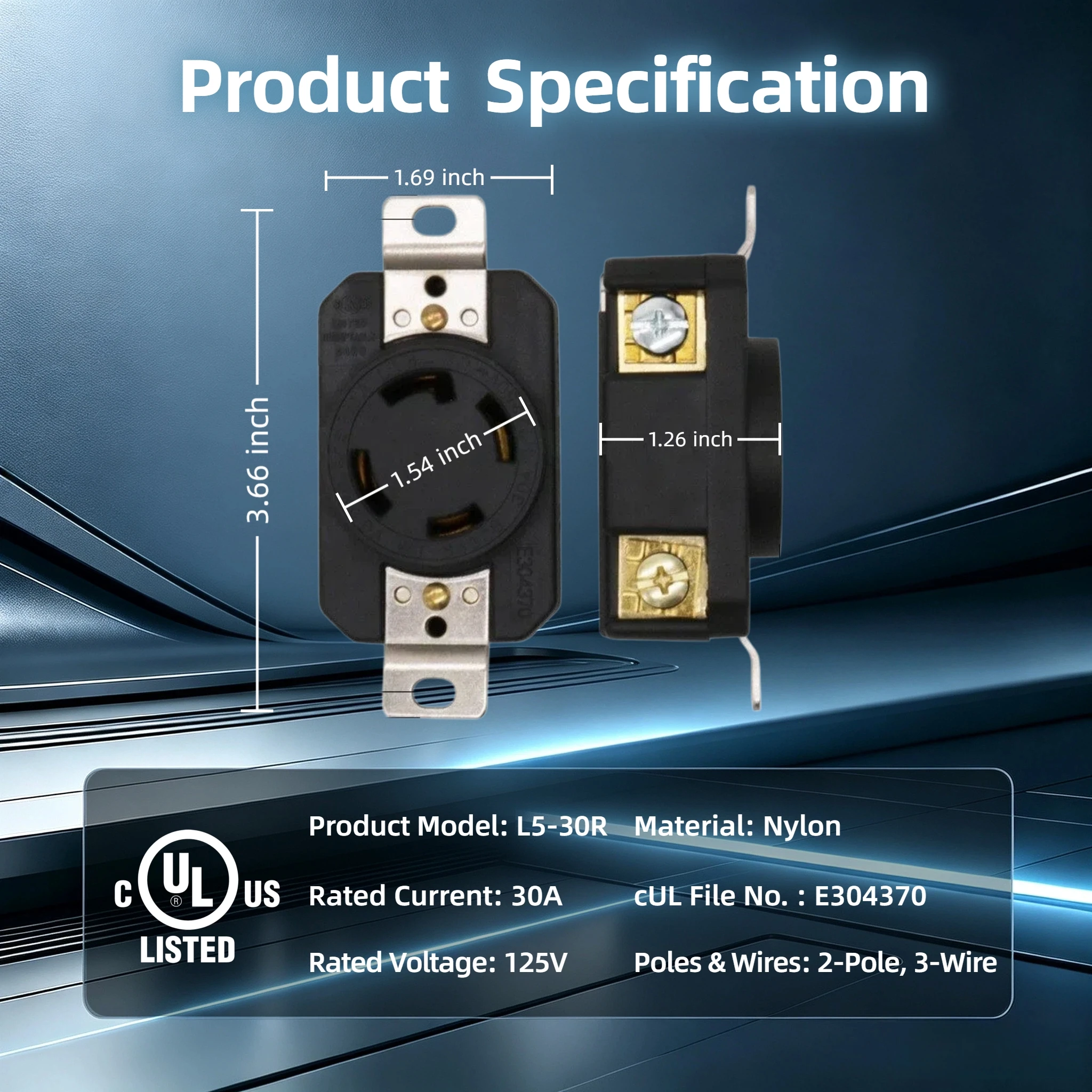 NEMA L5-30R 30A 125V Heavy Duty Locking Receptacle, 2-Pole 3-Wire Grounding Outlet for Generator, Industrial Equipment