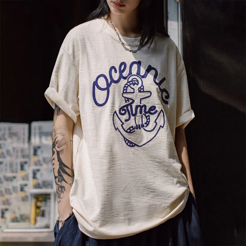 Maden Unisex Summer Vintage Embroidered Short Sleeves T-Shirt Beige Slub Cotton Crew Neck Tee Heavyweight Loose Breathable Tops