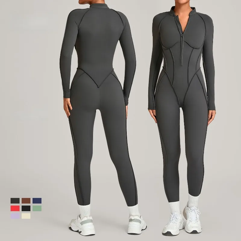 

Women Seamless Yoga Jumpsuit Winter Stand Collar Bodysuit Half Zipper High-intensity Sports Running One-piece Fitness Suit