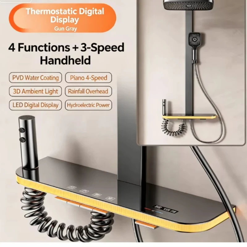 Designer's minimalist chrome-plated thermostatic shower panel with vertical column showerheads, sliders, body showerheads