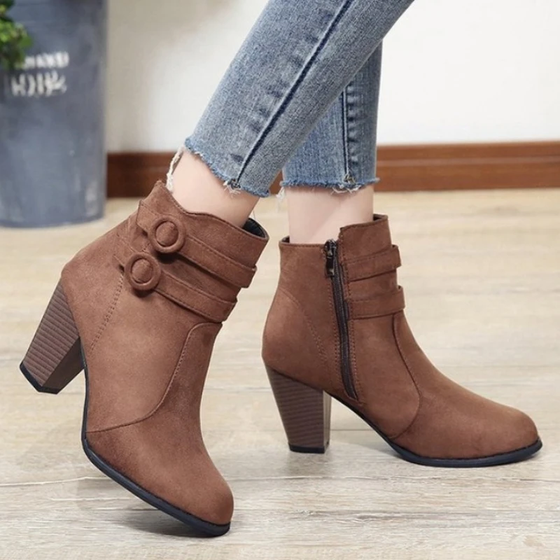 Retro Boots Women\'s Shoes 2023 New Square Heel Woman High Shoe Rubber Ankle Female Solid Platform Short Boots