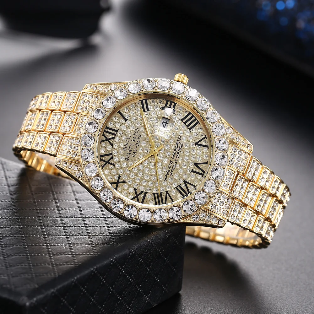 Luxus klassische goldene Herren Stahlband römische Skala Strass Kalender Quarzuhr Mode männliche Armbanduhr relogio masculino