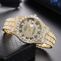 Luxury Classic Golden Men's Steel Strap Roman Scale Rhinestone Calendar Quartz Watch Fashion Male Wristwatch Relogio Masculino