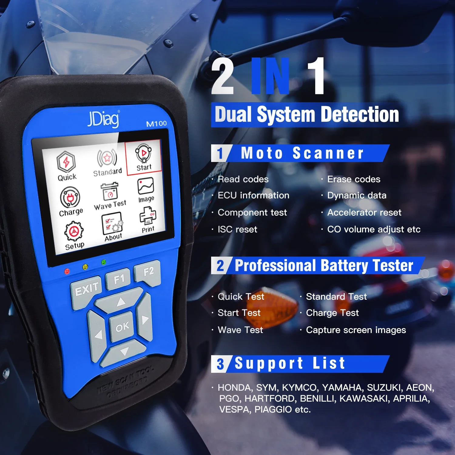 JDiag M100 Motorcycle Diagnostic Tool for Kawasaki Suzuki Motorbike Scanner Motor Scan Tool Instead of MCT-500