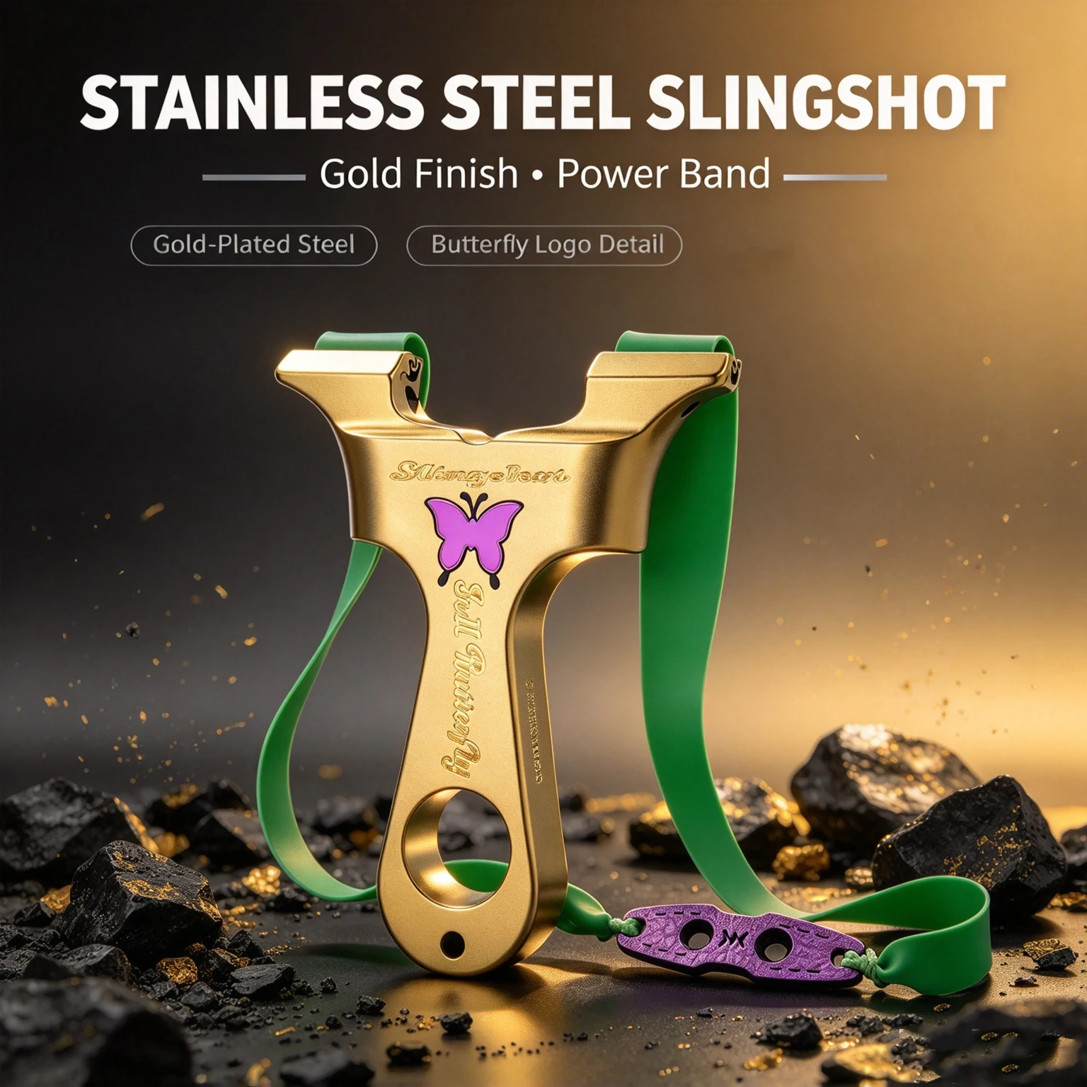 Stainless Steel Gold Y-Shaped Slingshot with Serrated Top Clamp & Purple Butterfly Finger Ring for Outdoor Practice