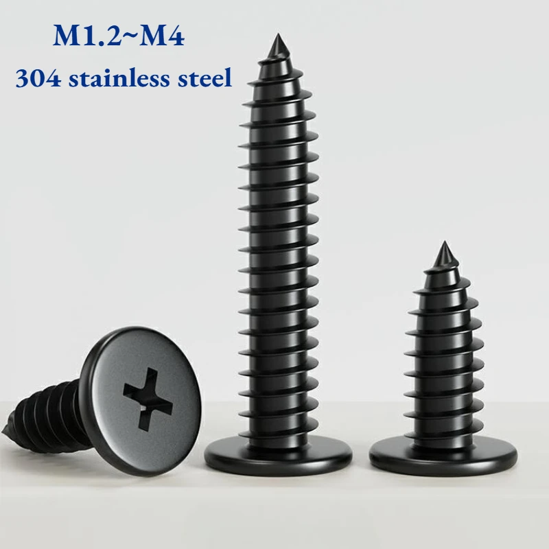 Black 304 Stainless Steel Phillips Bolts M1.2~M4 Ultra Thin Super Low Cross Flat Wafer Head Self Tapping Wood Screw