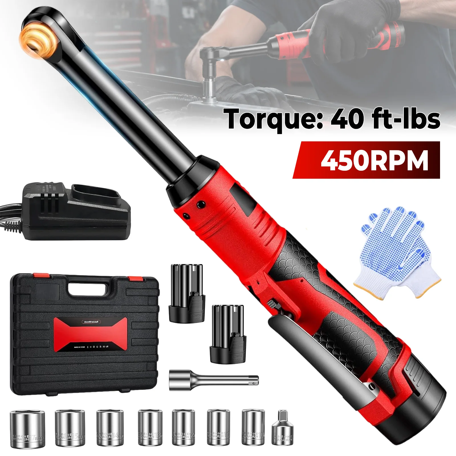 Image of 16,8V 18V Kabelloser Winkelratschenschlüssel 450 U/min 3/8 Zoll Antrieb Elektrischer Schlagschrauber Tragbares Reparaturwerkzeug für Auto, Motorrad und Fahrrad mit 2 Lithium-Batterien