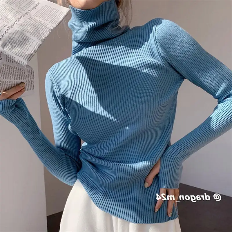 Winter Knitted Western Style Turtleneck Long Sleeves Heaps Collar Finger Fit Design Tight Sweater Women