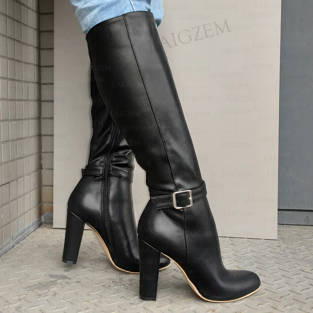 BERZIMER Women Knee High Heels Boots Handmade Faux Leather Thick Heels Side Zip Boots Tall Ladies Shoes Woman Plus Size 43 46 52