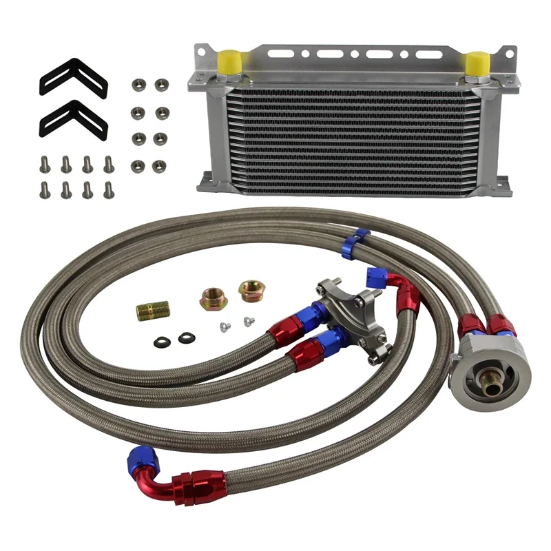Kit de Reubicación de Filtro de Aceite de 16 Filas con Enfriador de Aceite Compatible con Nissan 200SX 94-98, 180SX S13 89-98, 200SX S15 02-02 SR20DET Negro/Plateado