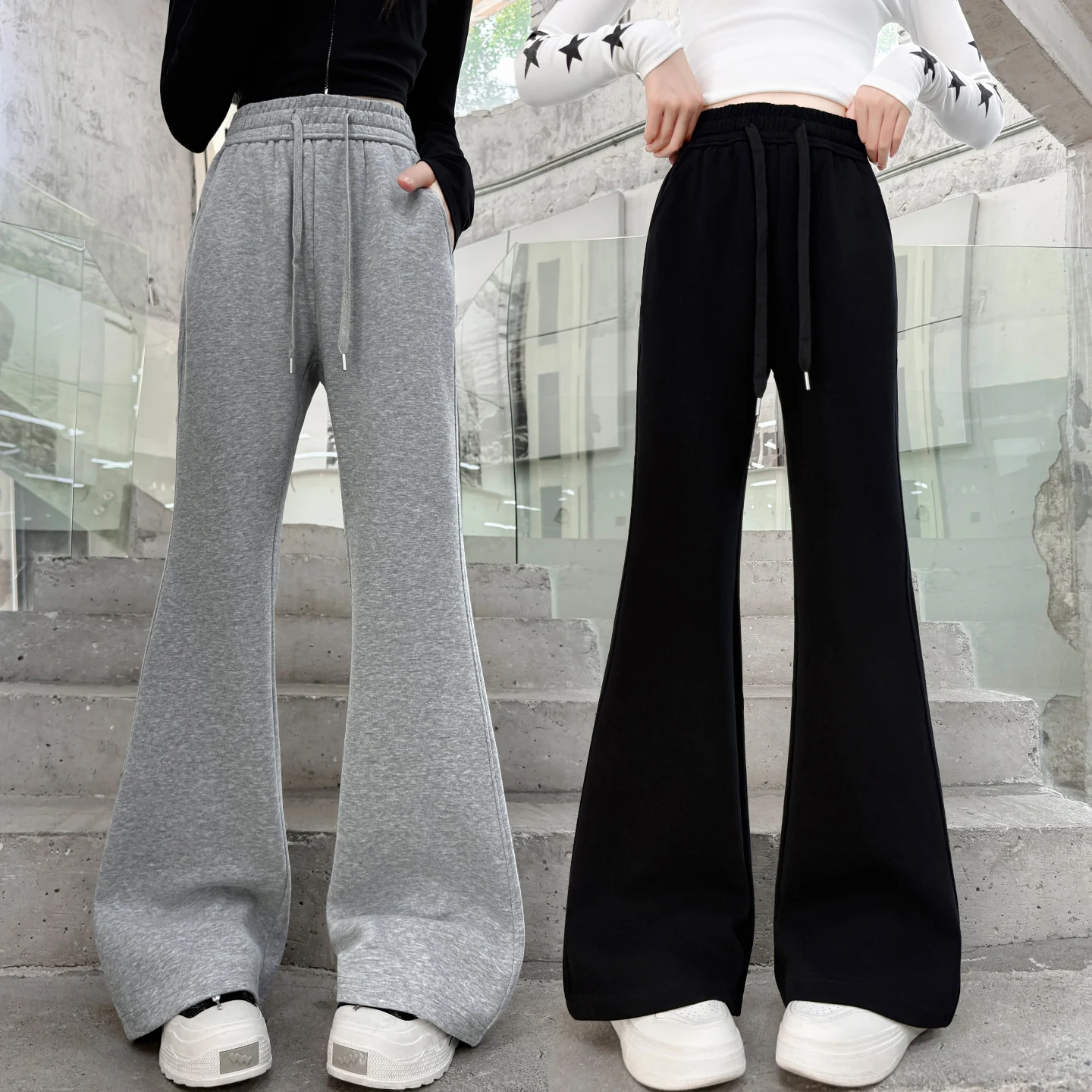 

New Kids Designer Sporty Flared Sweatpants for Tween Girls Age 5 To 14 Years Children Slim Cotton Trousers Bootcut Sports Pants