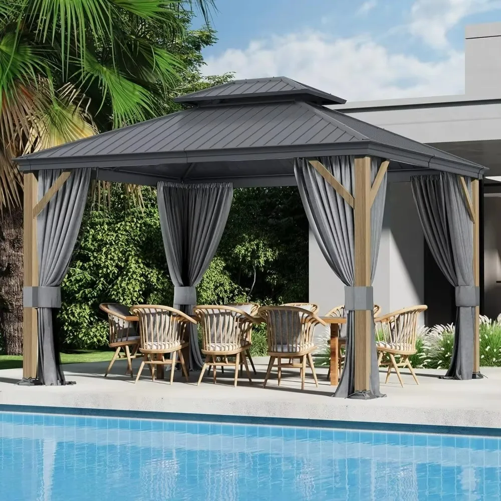 10x12 Ft Hardtop Gazebo, Metal Frame Permanent Pavilion, Outdoor Double Roof Canopy, Curtain and Netting Included, Pergola