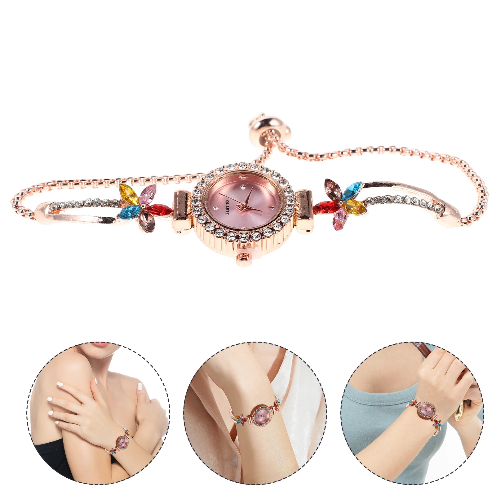 

Watch Women's Diamond-set Flower Wrist Bracelet Watches for Fashionable Lady Quartz Bangle Dress Casual Pink Creative Miss