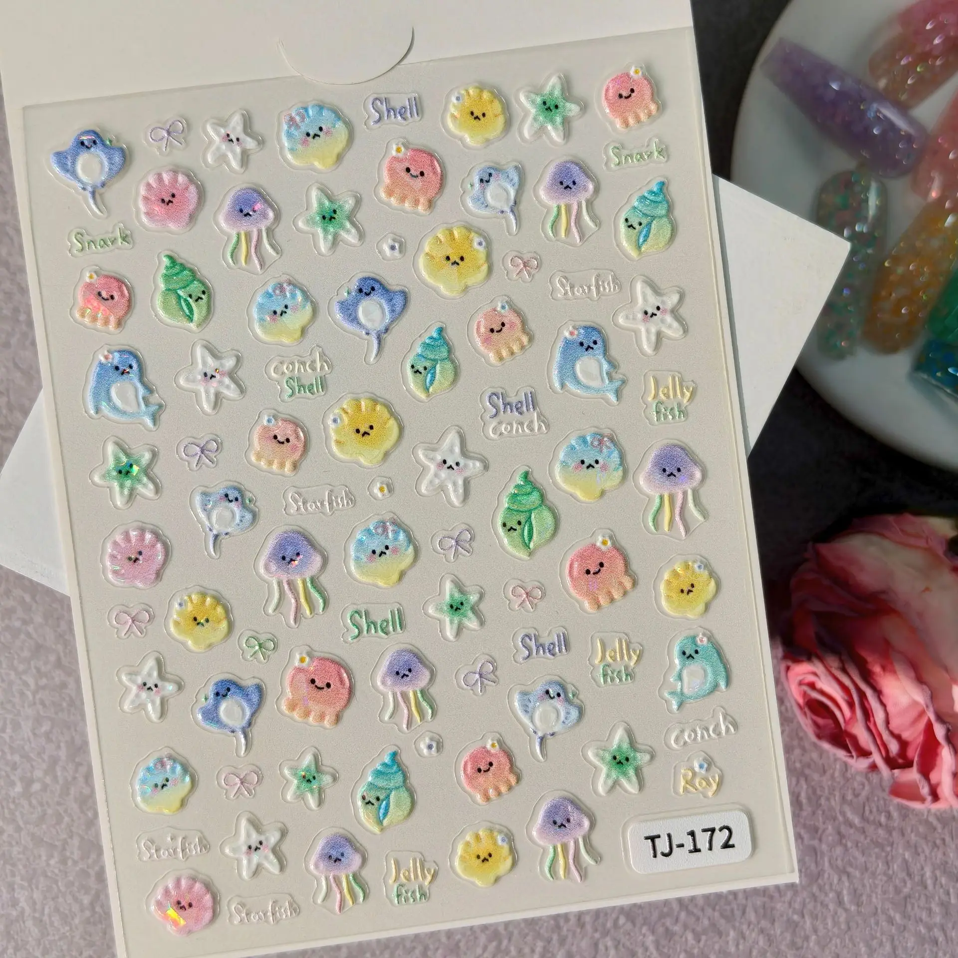 1 Set 5D Embossed Summer Ocean Nail Stickers Aurora Marine Animal Kids Self Adhesive DIY Manicure Nail Art Decor Ornaments view 2