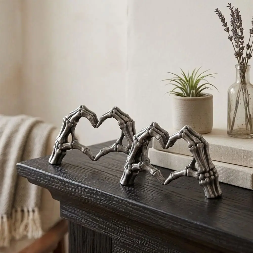 3D-Printed Halloween Skeleton Hand Heart Figurine Gothic Spooky Skull Finger Heart Statue Realistic Dark-Style