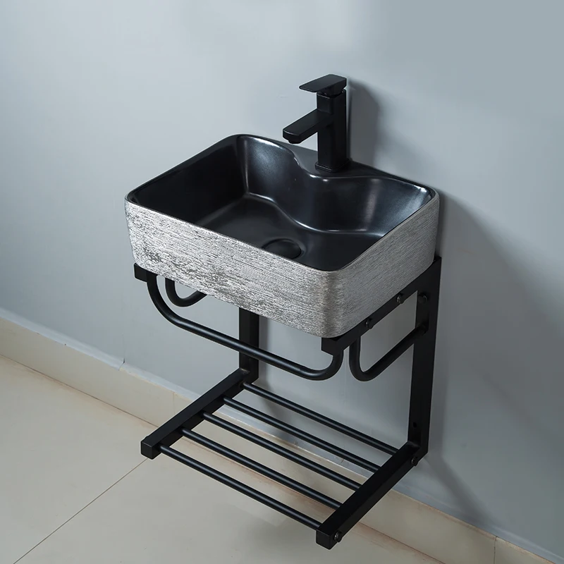 Luxury hanging black stainless steel bracket washbasin balcony bathroom ceramic hanging basin