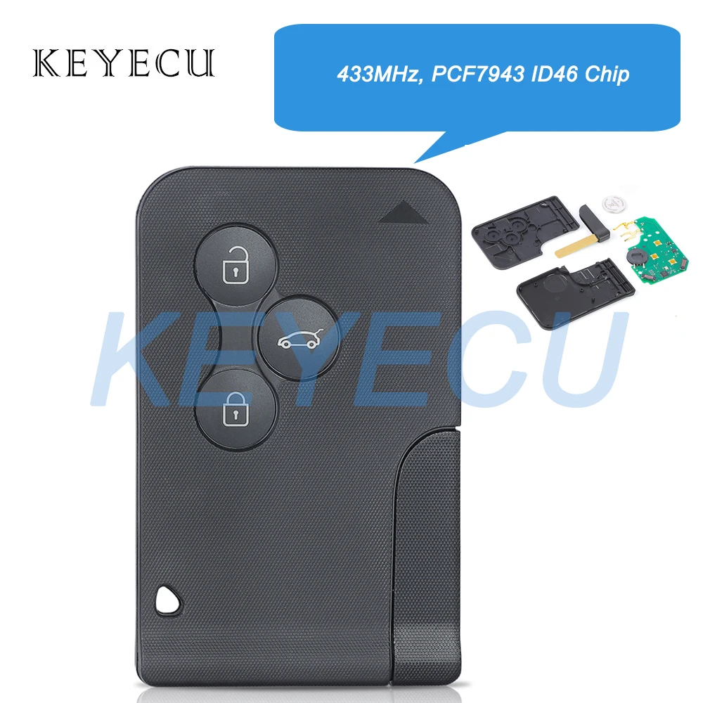 Keyecu 433MHz ID46 PCF7943 Chip Keyless Go Hands Free Smart Remote Car Key Fob 3Buttons BCM for Renault Megane 2 Scenic 2 Clio 2