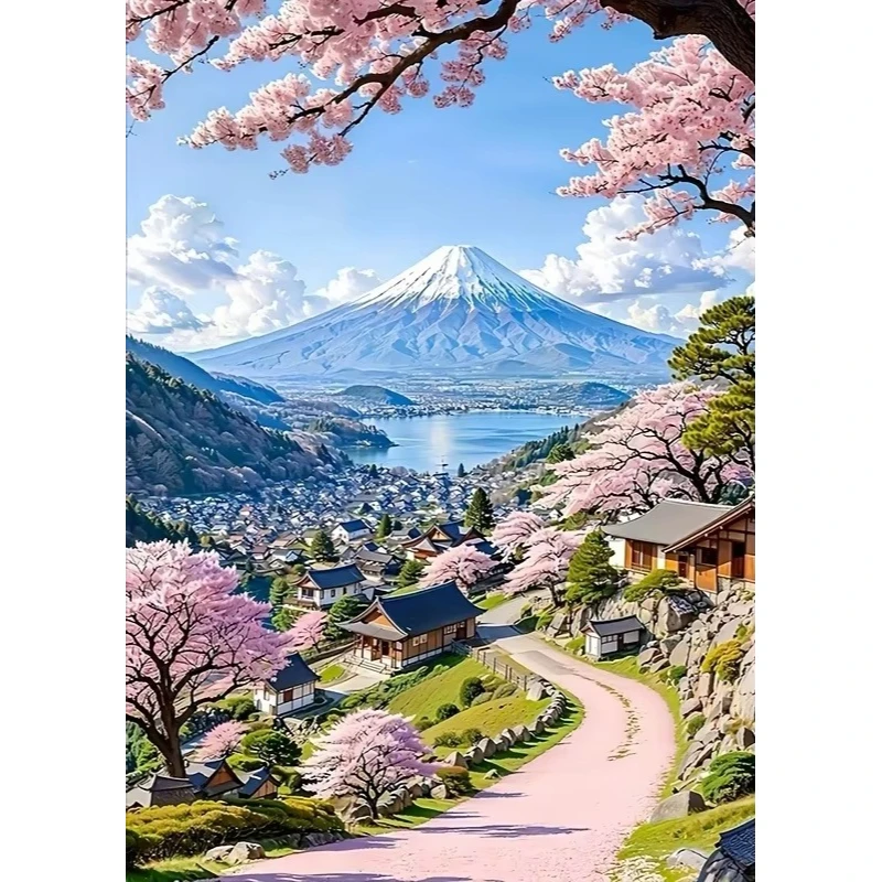 Oil Painting by Number Kit Mount Fuji Cherry Blossom Spring Scene Canvas Wall Art for Adults DIY Home Decor Gift