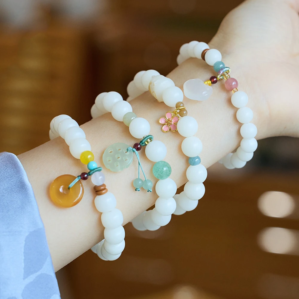 Lucky Beads Bracelet for Women Chinese Style Natural White Jade Bodhi Handmade Rope Bracelet Good Luck Amulet Friendship Jewelry