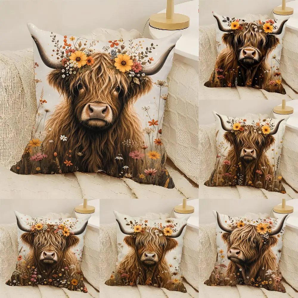Highland Cow Floral Cushion Cover Natural Linen Organic Fabric Double-Sided Printing Sofa Home Decor Gift Pillow Cover