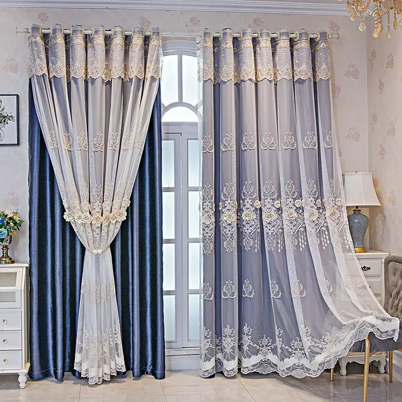 

European Luxury Curtains for Living Dining Room Bedroom Embossed Embroidery Fabric Yarn Integral Villa Window Drape Custom Size