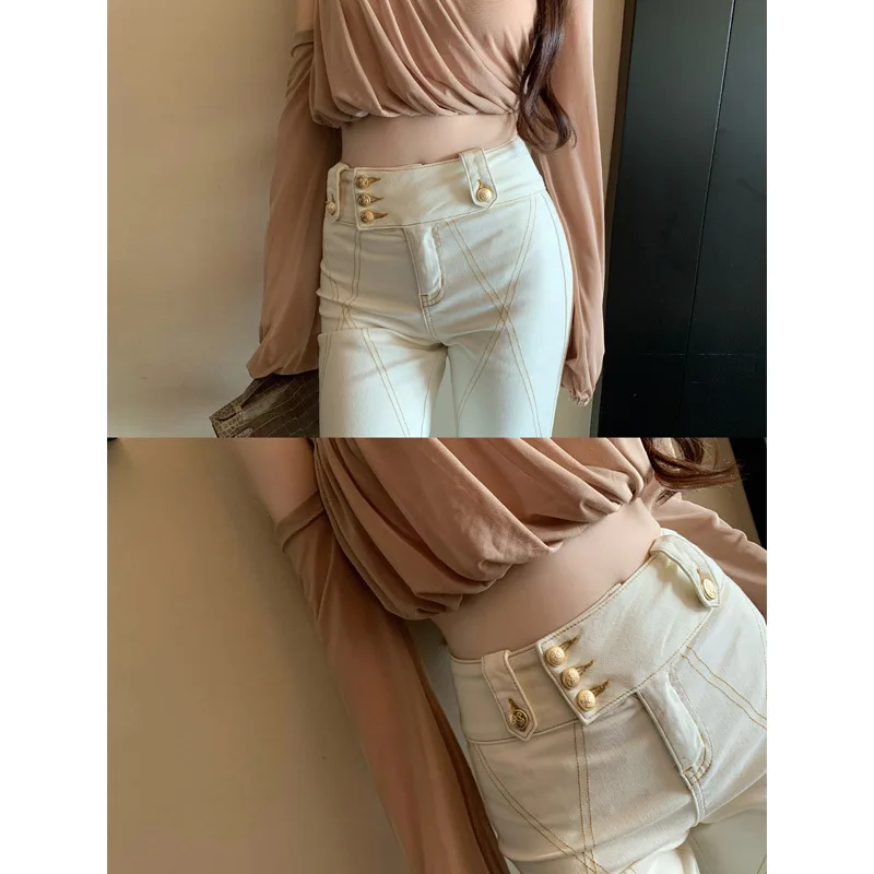 ハイウエストフレアジーンズ レディース ダブルバックル エラスティック フロア丈パンツ ブラック スリムフィット ストレッチパンツ セルフファブリックパッド