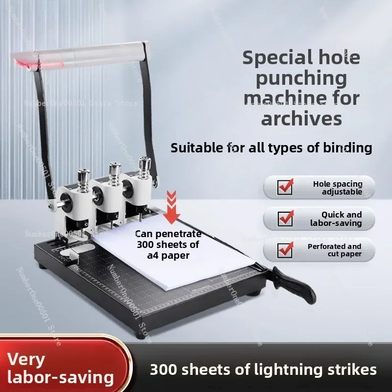 Adjustable 3-Hole Punch Paper Drilling Machine for Document Binding with Spacers Hollow Bits Retirement File Archiving Tool