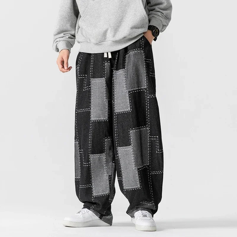 Men Jeans Autumn Thick Vintage Patchwork Hip Hop Denim Pants Male Straight Loose Streetwear Fashion Baggy Casual Cowboy Trousers