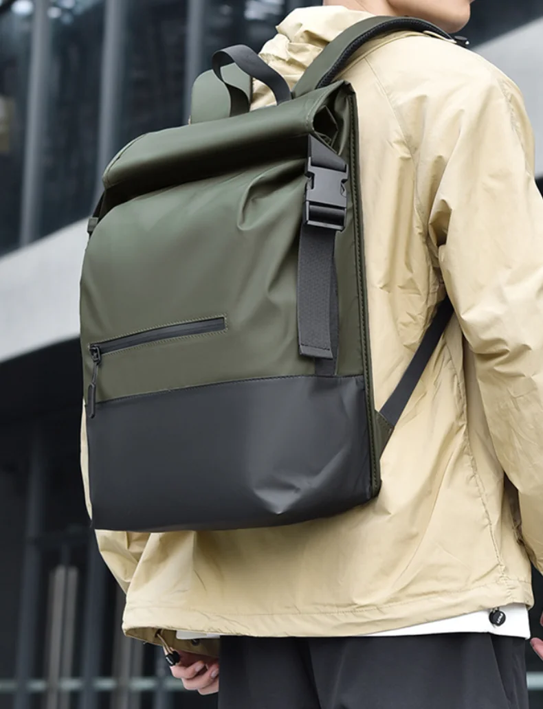 Luxury Casual Travel Commuting Pure Color Folding Backpack with Rolled Mouth Outdoor Casual Men's Backpack