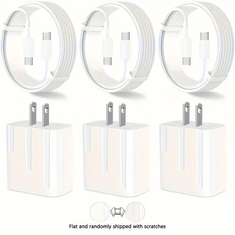 3 Sets 20W Fast Chargers for iPhone 15 and iPad - Compact Travel USB-C Adapter with 3.3ft Cable and US Plug