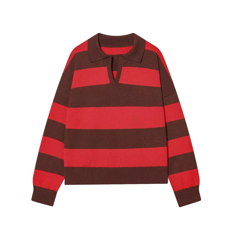 سترة نسائية مخططة برقبة بولو - بلوزة متماسكة بأكمام طويلة وكتلة ألوان عتيقة، طراز Y2K Preppy