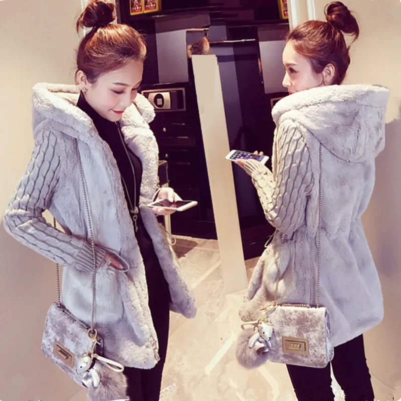 Spring Autumn Jacket Women Hooded Coat Furry Faux Fur Knit Sweater Coat Big Pocketswomen Coats And Jacket Plus Size Women Jacket