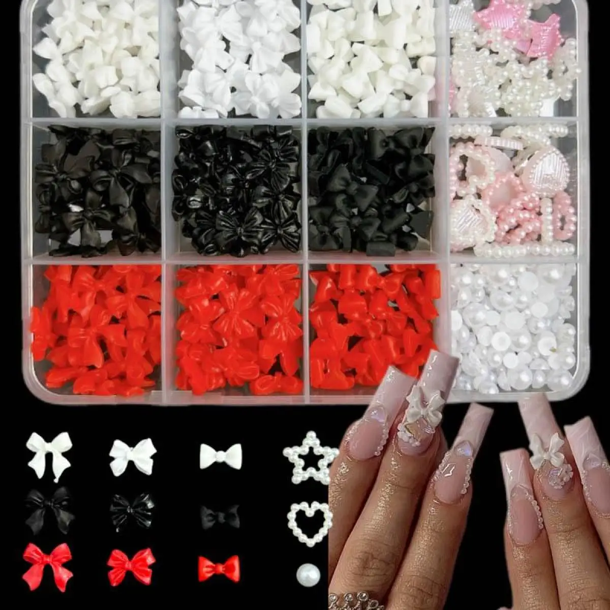 1 กล่องเรซิ่นหวาน Multi-สี Bow Semi-Circular Pearl เล็บ Charms 3D Hollowed Out Heart Square ตกแต่งเล็บเล็บ DIY