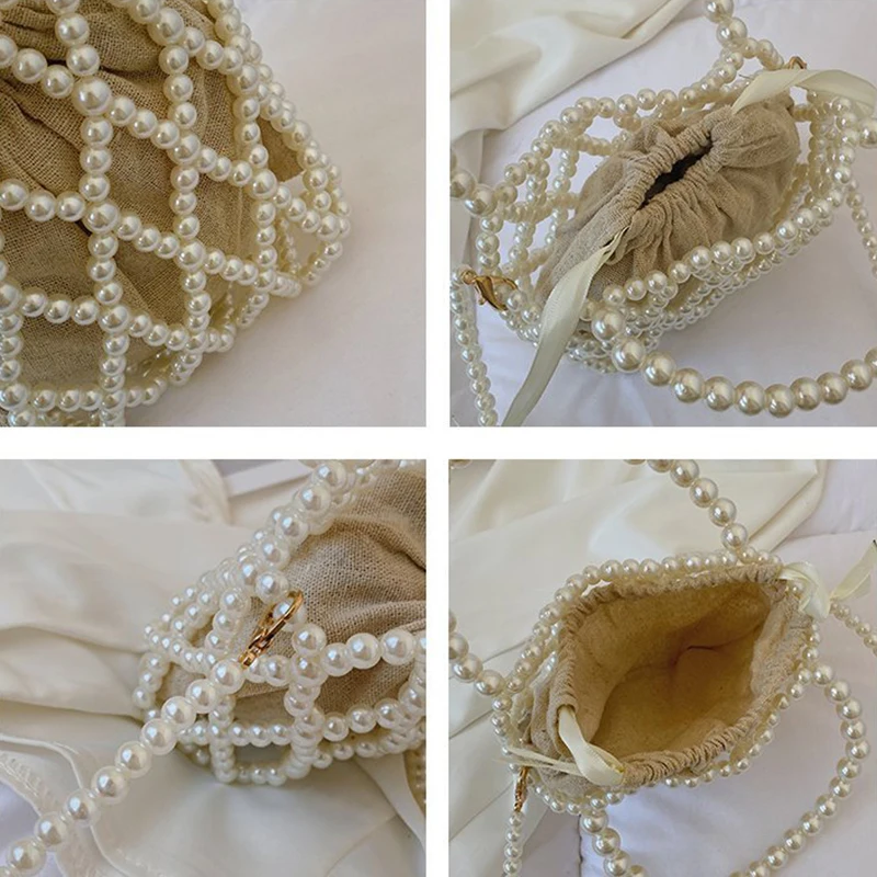 Lady Basket Handbag Summer Pearl Hollow Beaded Bag Bohemia Beach Travel Pearl Bag Holiday Woven Bag Small Square Bag