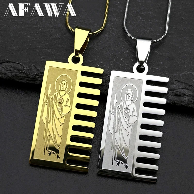 San Judas Tadeo Comb Shaped Pendant Necklace for Men Women Stainless Steel Gold Color Saints Apostle of Jesus Chain Jewelry
