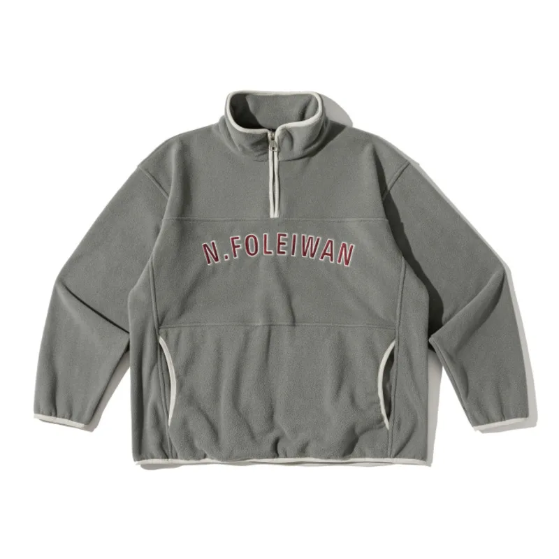 Shake Fleece Letter Embroidery Pullover Sweatshirts Men American Street Kangaroo Pocket Stand Up Neck Zipper Open Sweat Shirt