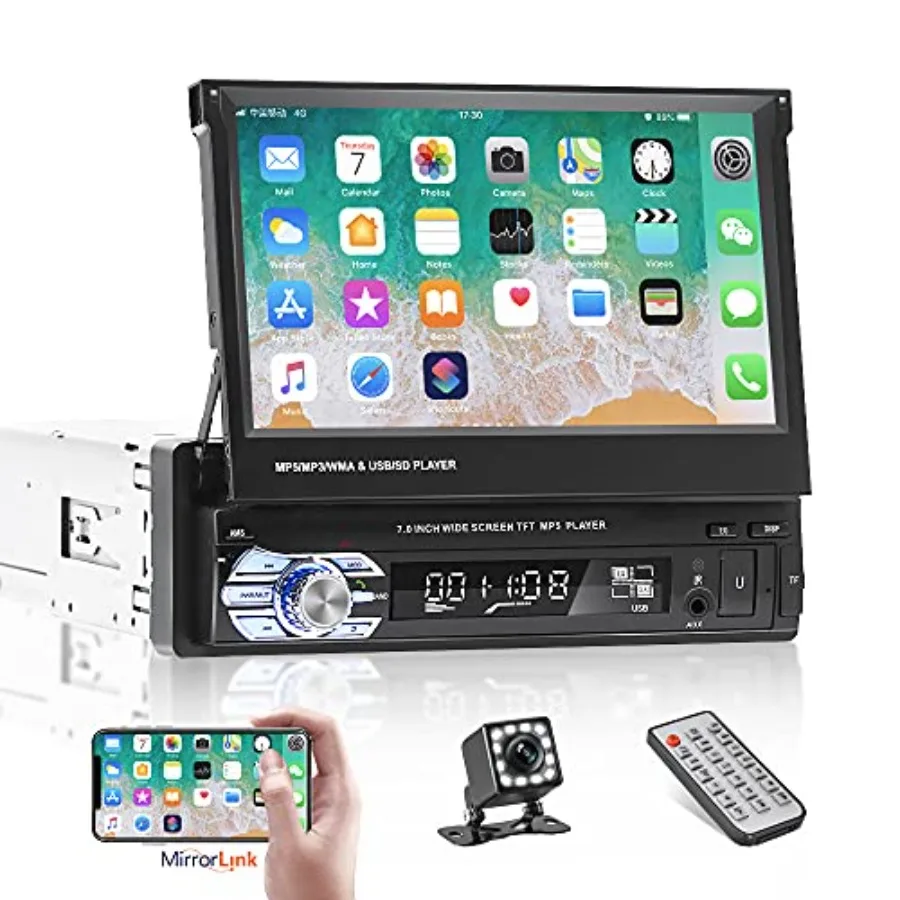 

Car stereo for vehicle installation, ABS plastic, black, 7-inch retractable touchscreen with Bluetooth, Single DIN, backup came