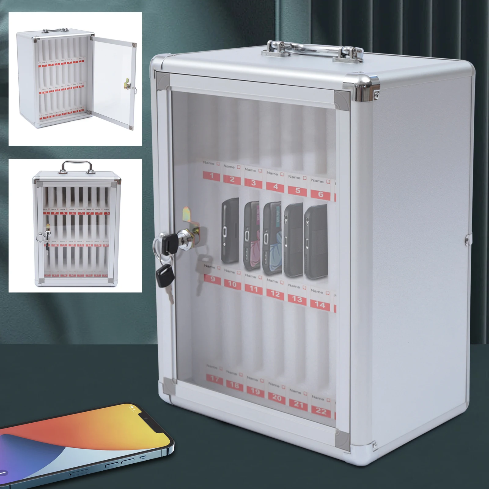 Cell Phones Storage Cabinet with 24 Compartments, Transparent Acrylic Panel, Secure Lock, Soft Pearl Cotton Protection,