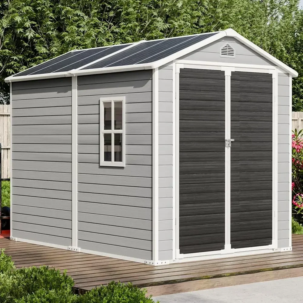 

8x6 T Storage Shed, Large Waterproo Resin Outdoor Sheds with loor & Lockable Door & Window & Vents, Plastic Tool Shed or Outside
