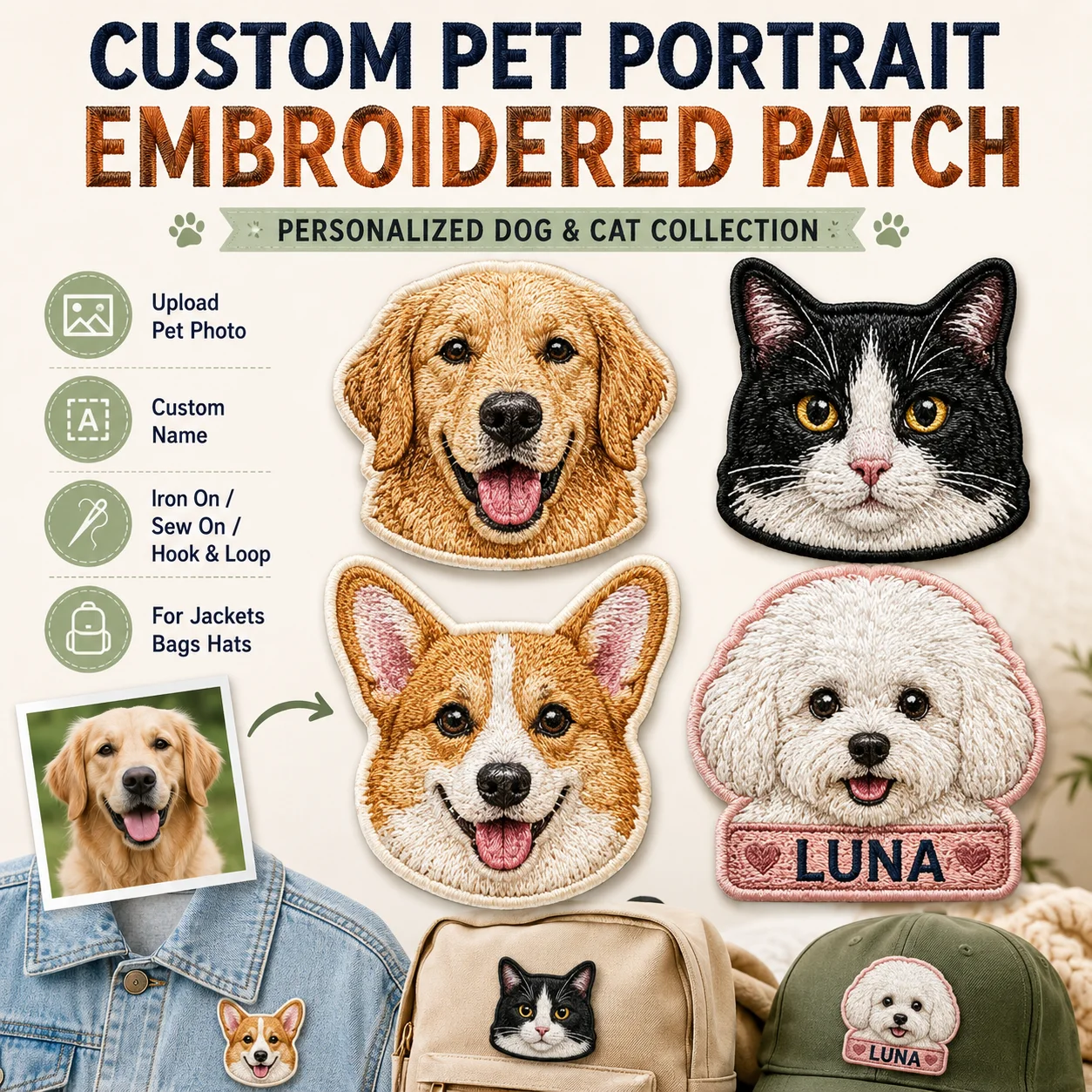 Custom Pet Portrait Embroidered Patches Personalized Dog Cat Photo Name Iron On Sew On Hook and Loop for Jackets Bags Hats Gifts