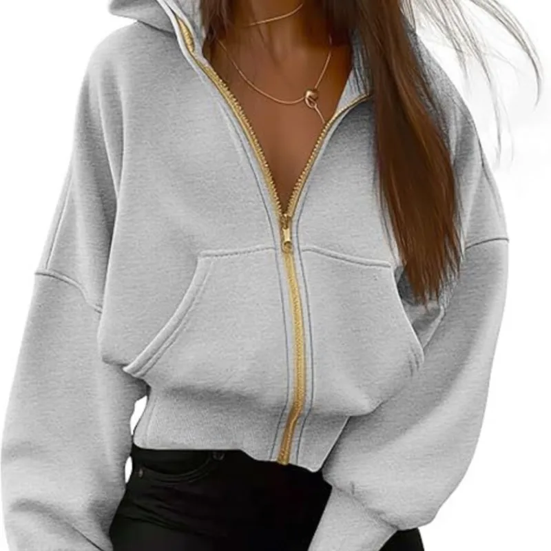 Autumn Winter New Women's Zipper Hooded Long Sleeved Short Sportswear Wool Hooded Jacket Fashionable Pocket Coat Vestes Femmes