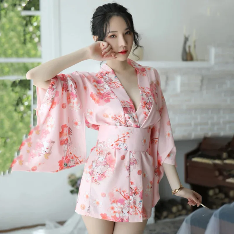 Sakura girl kimono dress Japanese style yukata bathrobe women floral print haori Japan uniform cosplay costume party short gown