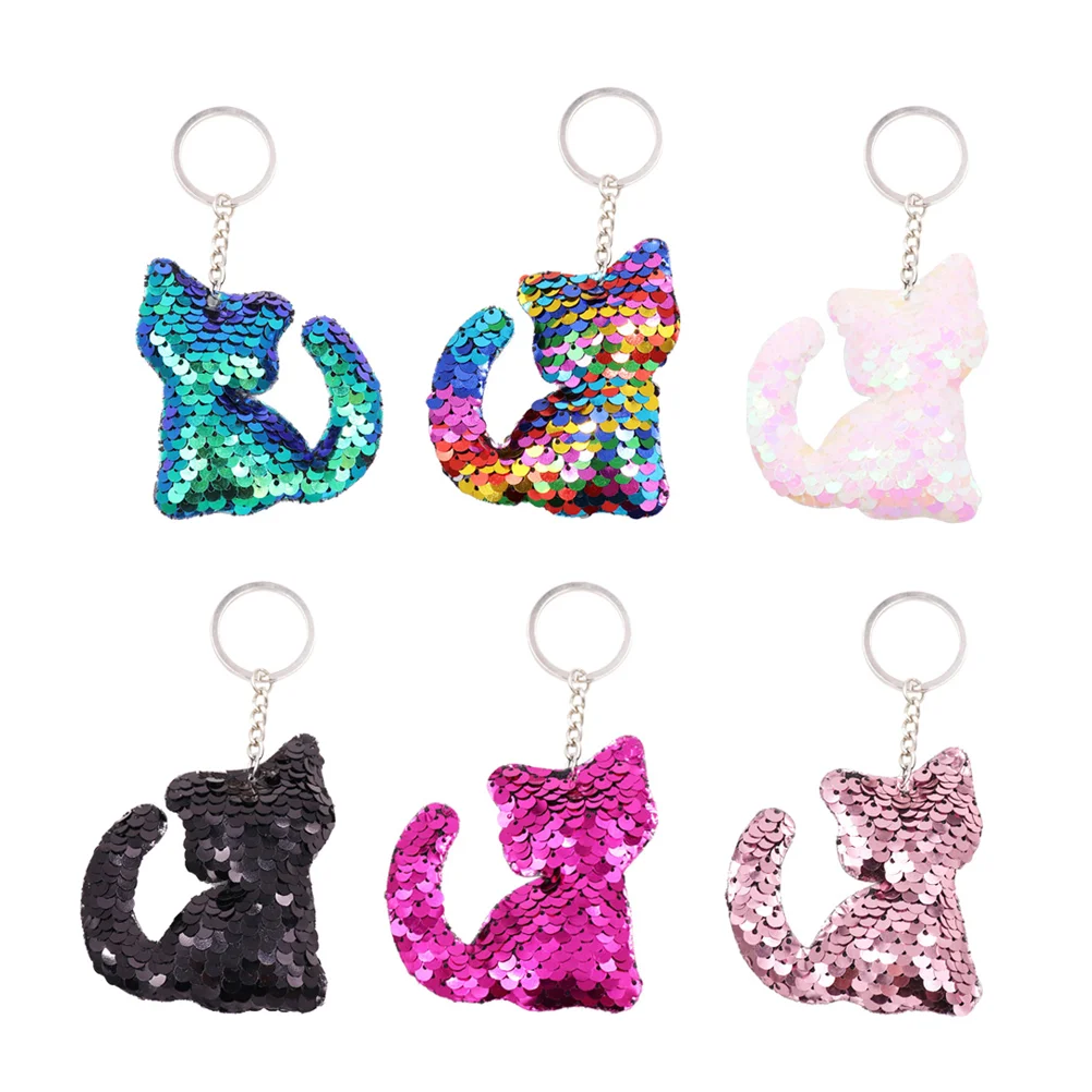 6 Pcs Fashion Keychain Sequins Pendant Reflective Colorful Cat Ornament Pink Rosy