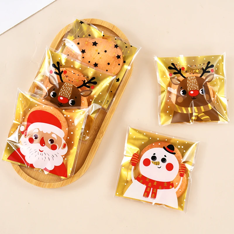 100pcs Christmas Party Plastic Candy Bags Santa/Snowman/Deer Cookie Bag For Neol DIY Biscuits Snack Baking Packaging Supplies