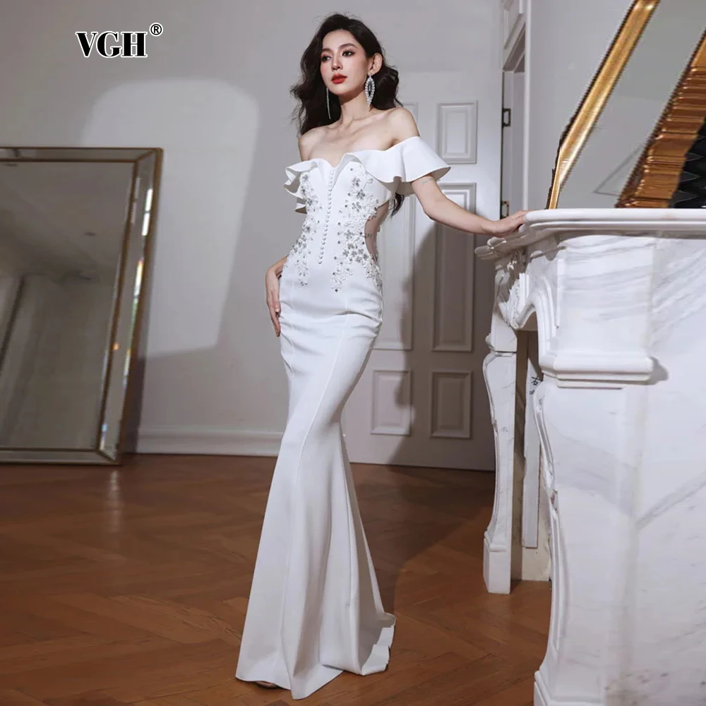 

VGH Elegant Solid Slimming Evening Dress For Women Slash Neck Off The Shoulder Sleeve High Waist Mermaid Dresses Female Style