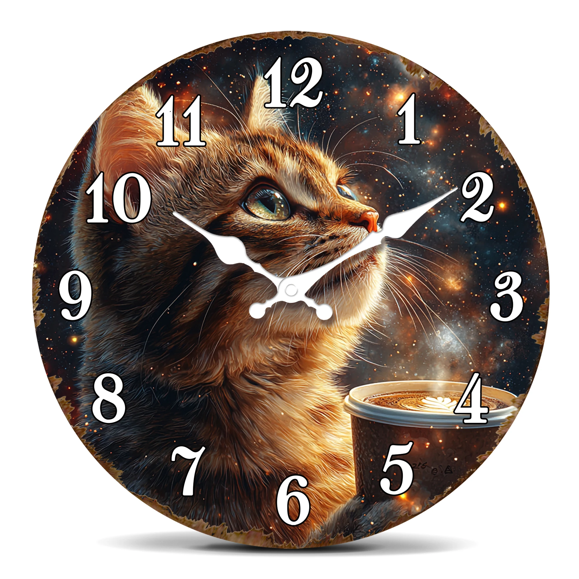 Galaxie-Katze mit Kaffeetasse-Wanduhr – Geschenkdekoration für skurrile Katzenliebhaber – Quarz-Timer mit Sternenhimmel-Hintergrund