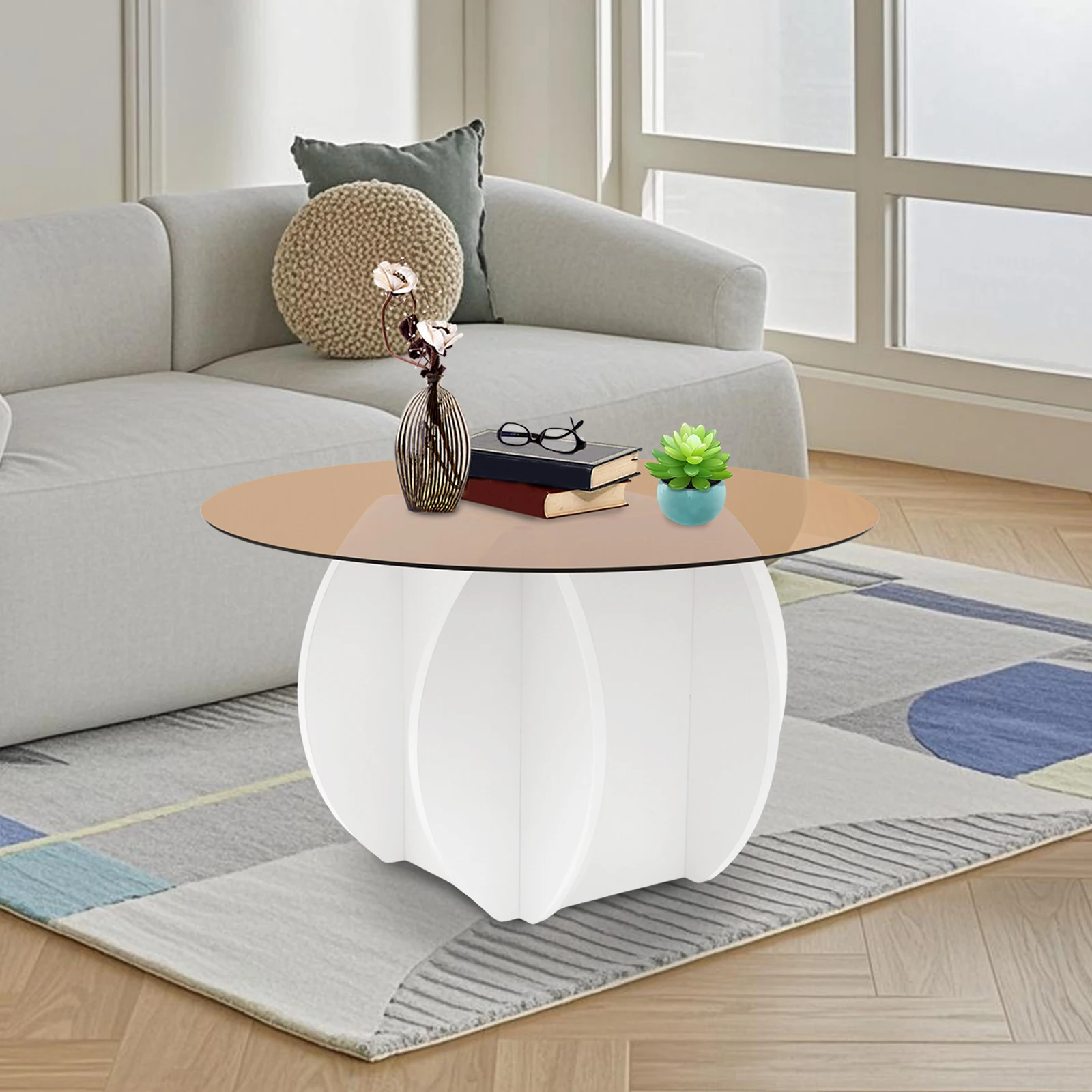 

Modern Round Coffee Table 27.6x15.75in Tempered Glass Top & Creative Base 220lbs Weight Capacity for Books/Mugs/Items